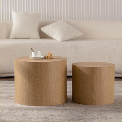 Space-Saving Nesting Coffee Table Set, 2 Round Wood-Look Eco-P2 Particle Board Tables, No Assembly Needed