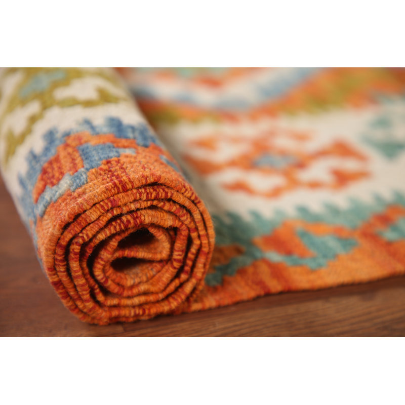 Tapis de couloir géométrique en laine réversible Kilim 3 x 7