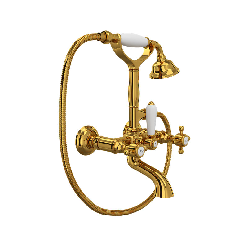 Country Exposed Wall Mount Tub Filler, Metal Cross Handle, Unlacquered Brass