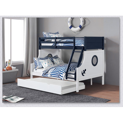 Lit superposé simple au-dessus d'un lit double de style moderne moderne avec des rails en échelle attachés et une structure de joint verrouillable pour la sécurité.