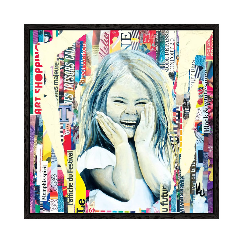 The Mischievous Little Girl by Val Escoubet - Painting on Canvas, 45.72cm H x 45.72cm W x 3.81cm D, Black Framed