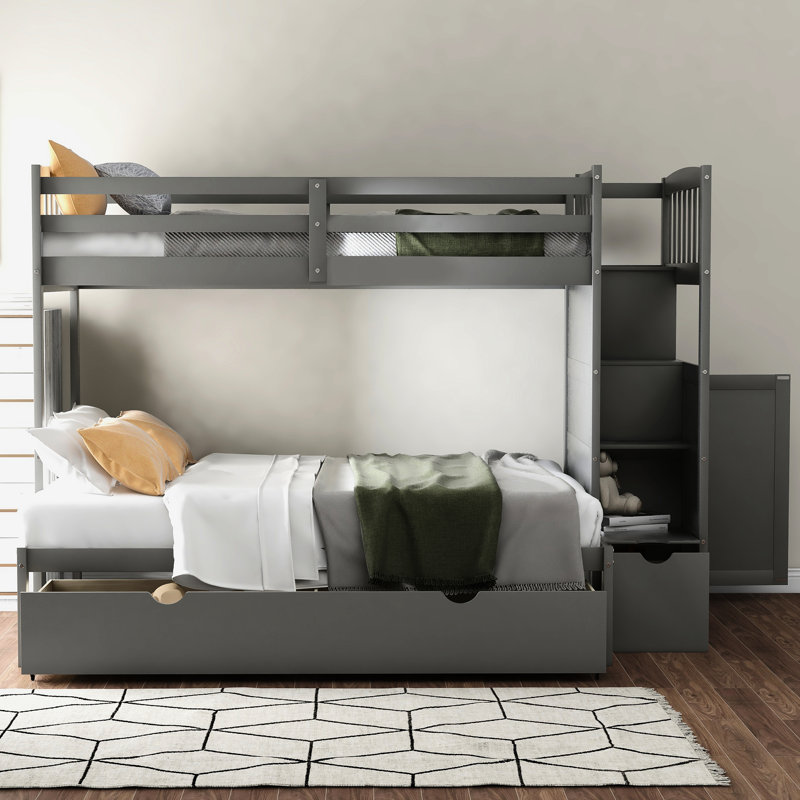 Lit superposé simple au dessus d'un lit double avec rangement pratique - options fonctionnelles convertibles grises