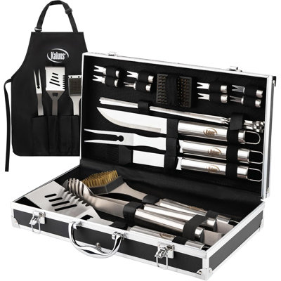 Kaluns Stainless Steel BBQ Grilling Tool Set with Aluminum Carrying Case & Apron, Non-Stick, Dishwasher Safe Silver Grill Accessories (Silver)