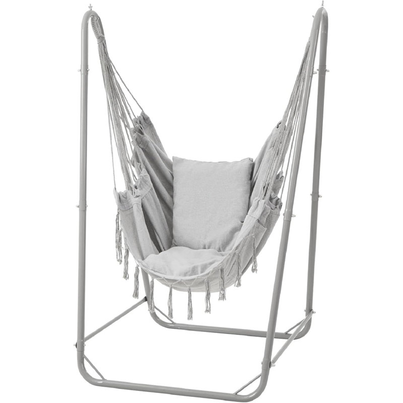 Chaise hamac en U avec support, chaise suspendue en acier robuste avec support pour l'intérieur et l'extérieur, support solide et base stable, capacité de 220 lb, facile à assembler - gris