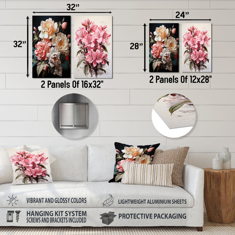 Fleurs de rhododendron orné Bliss - ensemble de 2 reproductions d'art mural en métal rhododendron, H 32 po x l 32 po