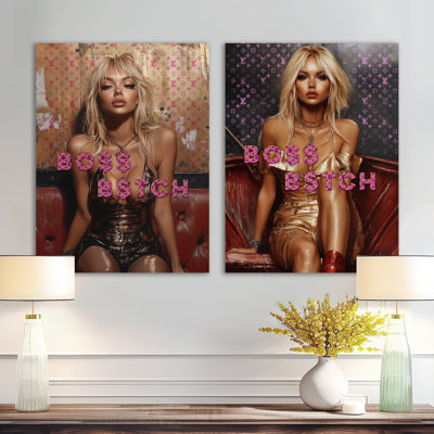 «Fashion Blonde Boss Woman I - Pink Glam», ensemble de 2 reproductions d'art mural en métal