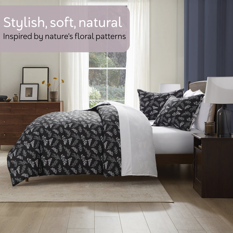 Nestl Botanical Bed in a Bag 7 piece Comforter Set with Sheets & Pillow Shams, Jet Black/Optical White