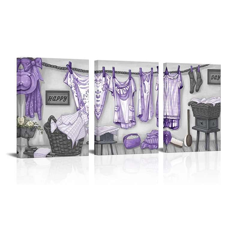 Purple Laundry Room Decor Purple and Grey Laundry Sign Pictures Paintings for Home Hotel Framed 12"x16"x3pcs