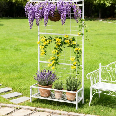 Grand support à plante en métal blanc avec treillis et barre de suspension pour la décoration intérieure et extérieure, jardinage vertical de 74 po, support de pots multiples, structure thermolaquée