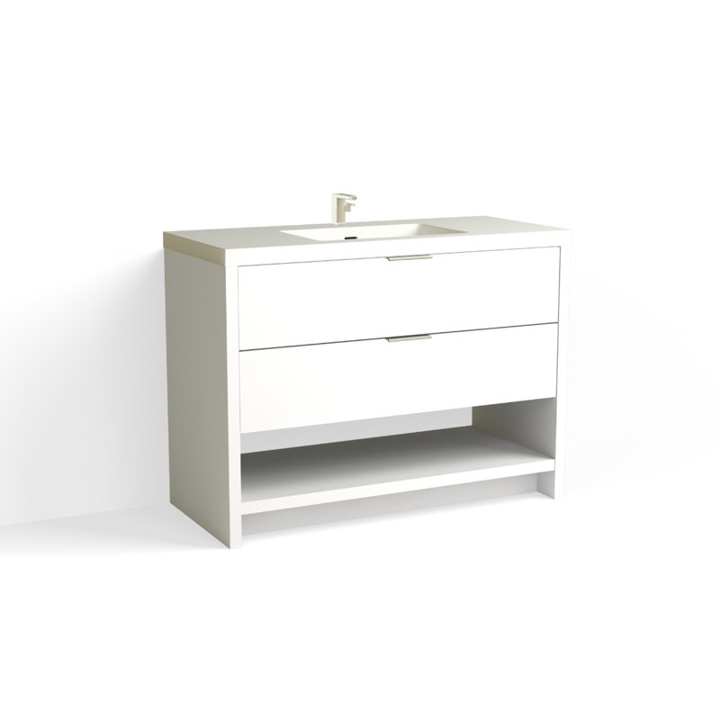 Vue 48" W Freestanding Single Bathroom Vanity, Matte White/Single, Polished Nickel, White Nanomatte