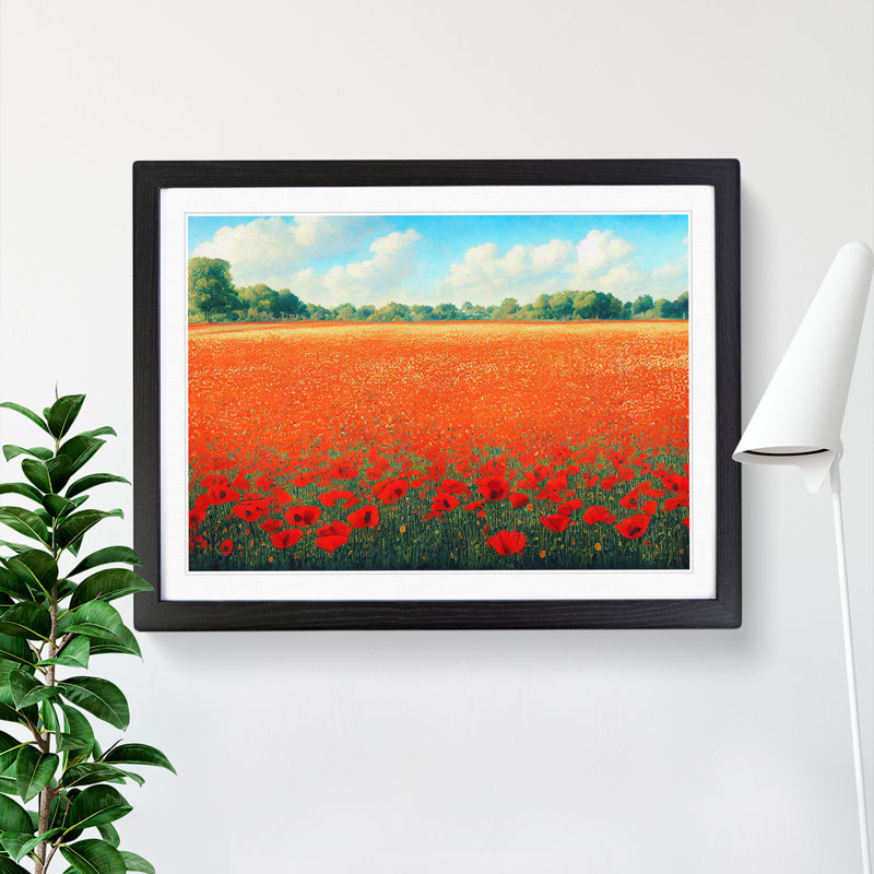 Exceptional Poppy Field Flowers - Single Picture Frame Painting, 34cm H x 46cm W x 2cm D, Black