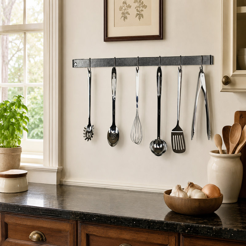 Utensil Bar Handcrafted Wall Mounted Pot Rack, 4.5" H x 36" W x 2" D, Hammered Steel