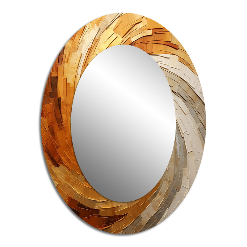 Gold Beige Spiral Poteries I - Grand miroir mural ovale sur métal, 40 po x 30 po