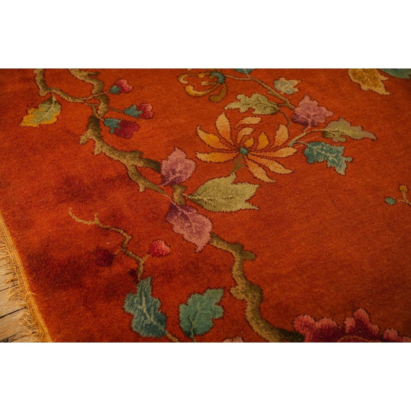 1920s Modern Square Orange Bold Floral Knotted Wool Antique Chinese Art Deco Rug