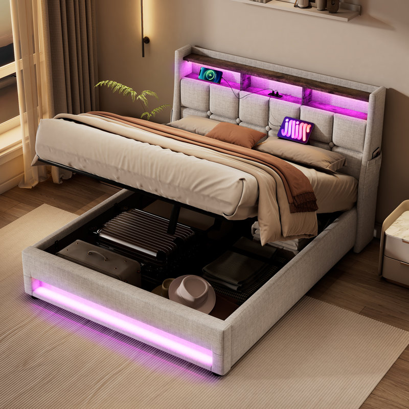 Lit plateforme tapissier avec charge DEL et USB, Naturel, Grand lit