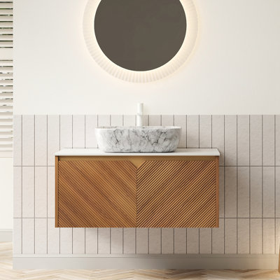 Meuble-lavabo de 36 po: armoire flottante en contreplaqué, portes doubles en sergé, lavabo en céramique de marbre, comptoir en pierre frittée blanche de 36 po avec vasque en bois massif et plateau de rangement