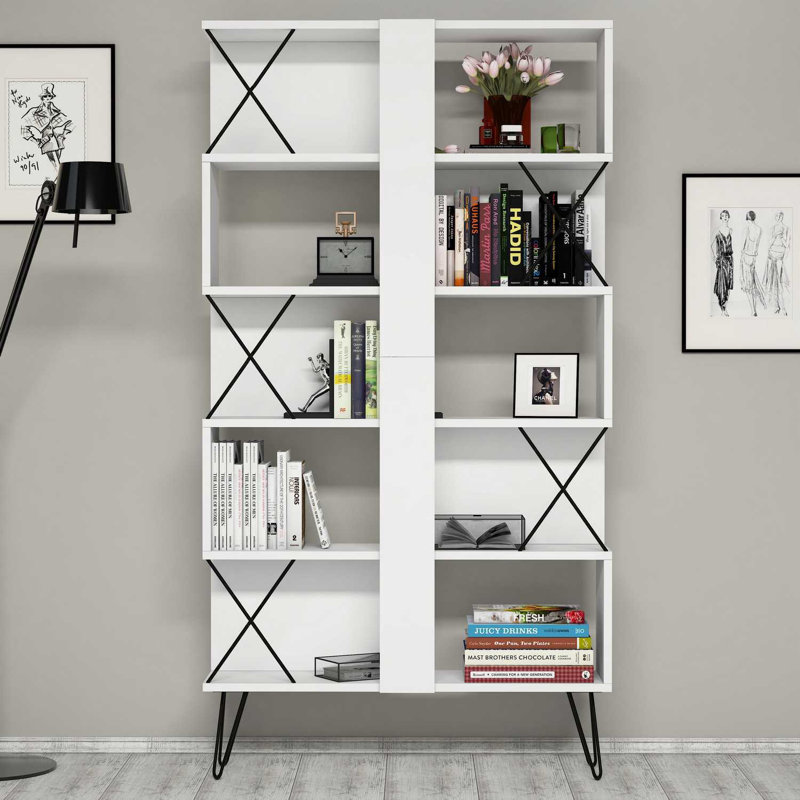 Modern White Bookshelf, 5 Shelves, 35.4 x 65.9 x 8.7 inches | 100% Melamine Coated Particle Board, Thickness: 0.7 inches | Wall-Mountable, Geometric Design, Perfect for Home or Office Organization