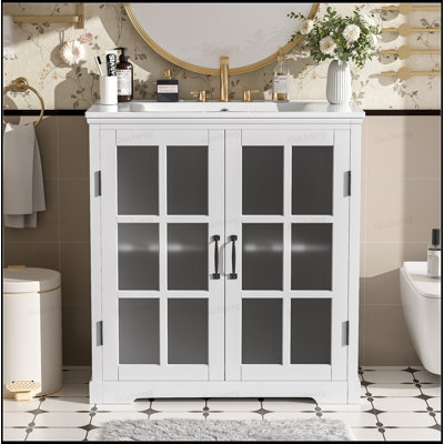 Meuble-lavabo à cadre en bois 30 po avec porte en verre trempé et lavabo en céramique