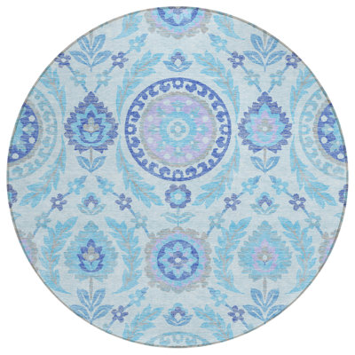 Tapis d'intérieur rond lavable floral 8 pi bleu ciel et lavande
