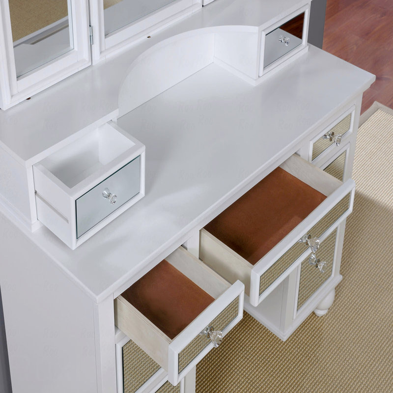 Ensemble de meuble-lavabo de maquillage blanc à finition blanche avec tabouret et 3 tiroirs, White/Silver