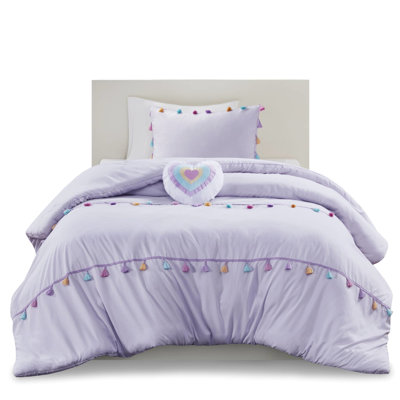 Full/Queen Bedding With Lavender Tassels And Charming Heart Pillow Playful Tassel Comforter Adorable