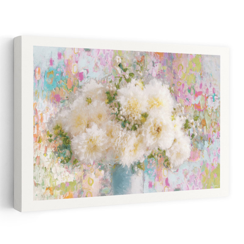 Une danse de pivoines blanches et colorées abstraites colorées, 32" H x 48" W