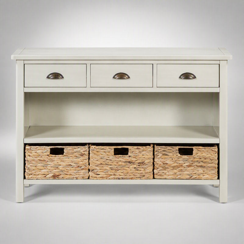 Console rétro avec 3 tiroirs et paniers tissés, table d'entrée en bois blanc antique pour le couloir et le salon