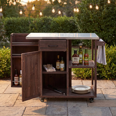 Outdoor Kitchen Island with Stainless Steel Top, Fir Wood Frame, Spice Cabinet, Towel Rack & Lockable Wheels for Patio, Backyard