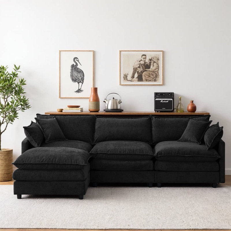 Velmira 105" Modular L-Shape Sectional with Ottoman, Soft Chenille Fabric, 3-Seat, Black