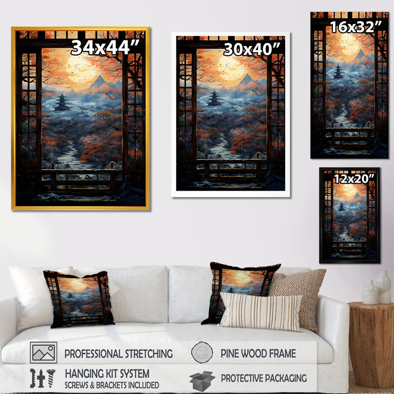 Art japonais, vue sur la montagne, art mural, Cadre flottant doré, H 32 po x l 16 po x P 1 po