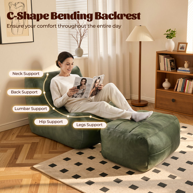 Fauteuil à billes en similicuir avec repose-pieds - canapé paresseux pour adolescents et adultes, sans assemblage, Vert