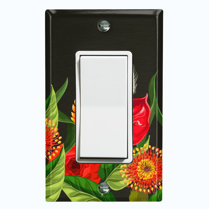Red Lily Flowers Green Leaves Black Print 1 - Gang Toggle Light Switch Standard Wall Plate