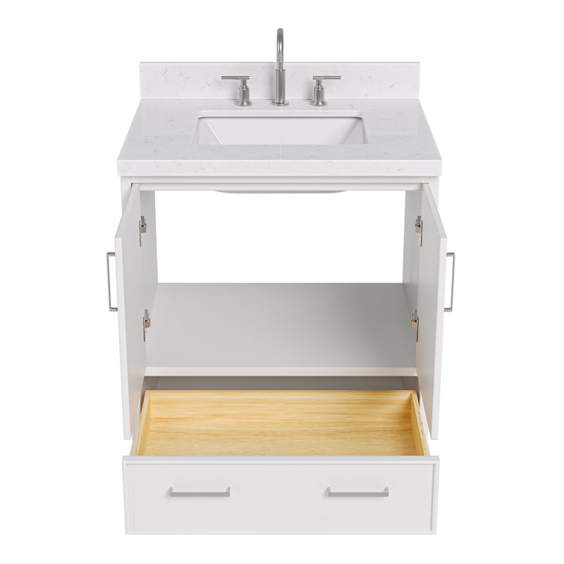 Meuble-lavabo simple avec plateau en quartz Abshire, Blanc