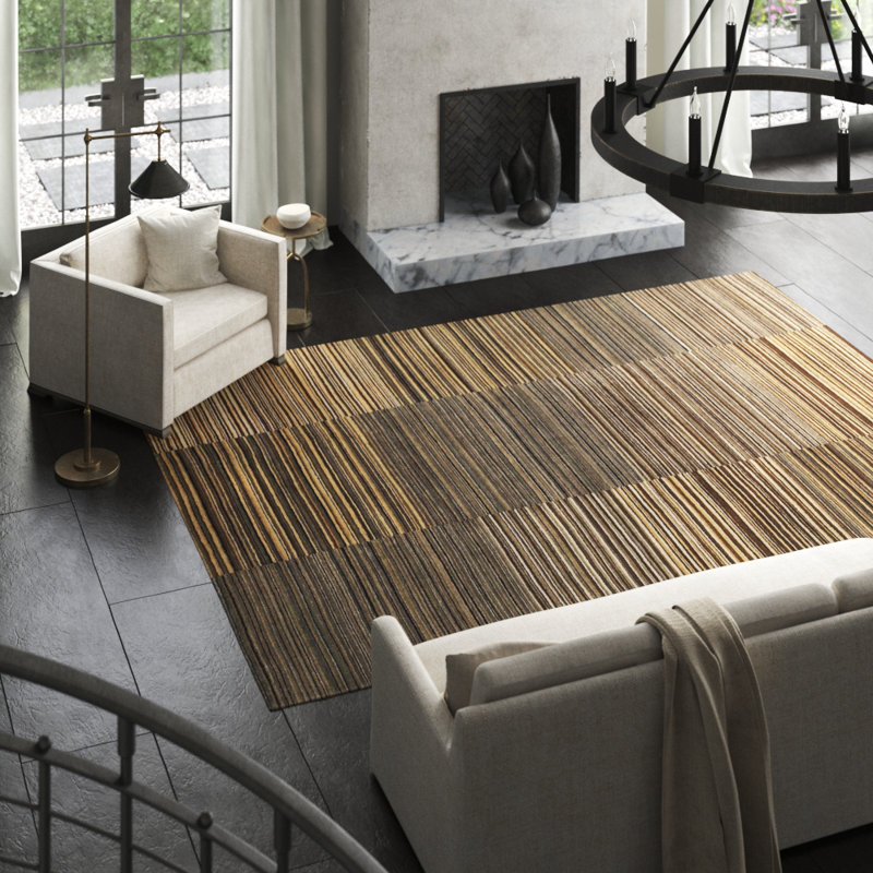 Spectrum Striped Hand-Knotted Wool Brown/Gray Area Rug, Rectangle 8' x 10', Brown/Gray