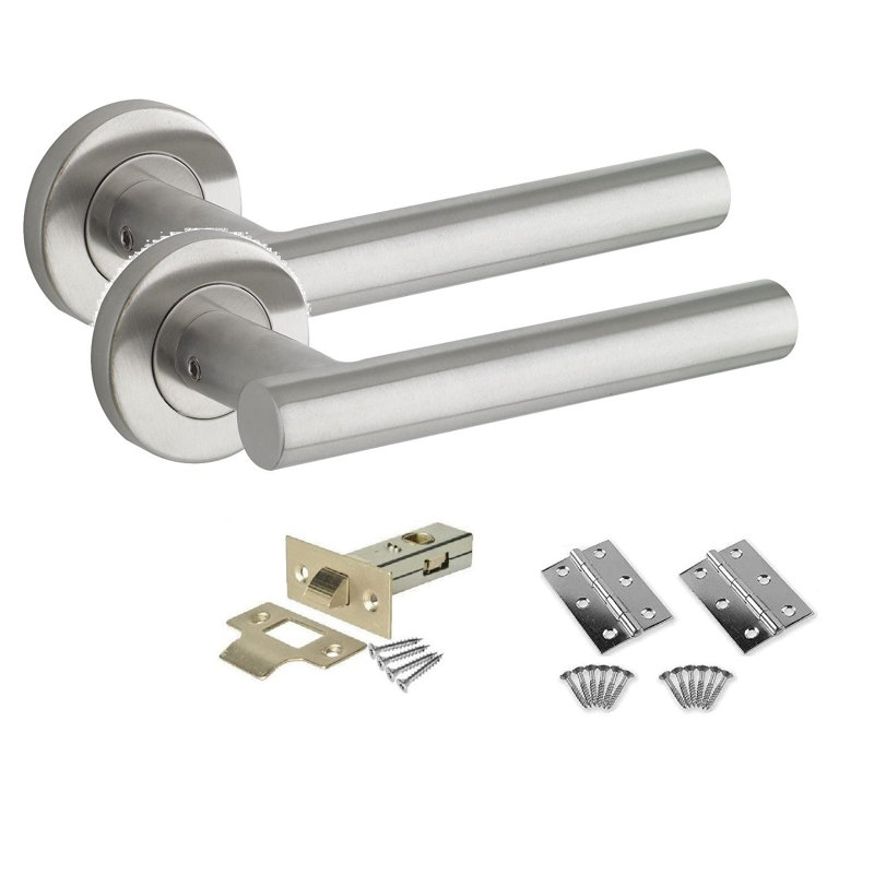 Golden Grace 1 Set Straight T-Bar Door Handle on Round Rose in Stainless Steel Satin Nickel Finish with Tubular Latch & Hinges