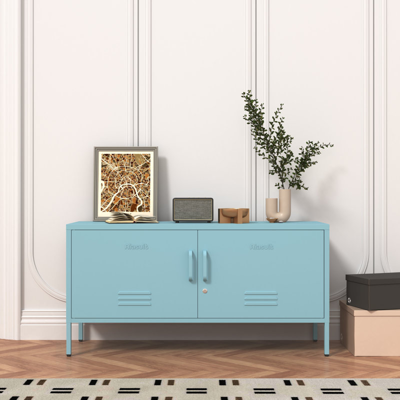 Wide Lockable Metal TV Stand for Bedroom, Heavy Duty Entertainment Center with Adjustable Shelves & 2 Doors, Multifunctional Storage Cabinet for Home