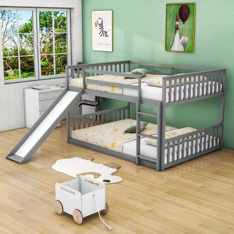 Lit superposé double en bois avec échelle intégrée et glissoire, Gris