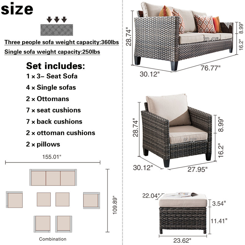 Kaniha Wood Premium All-Weather Wicker 7 - Person Patio Conversation Set with Cushions, Beige