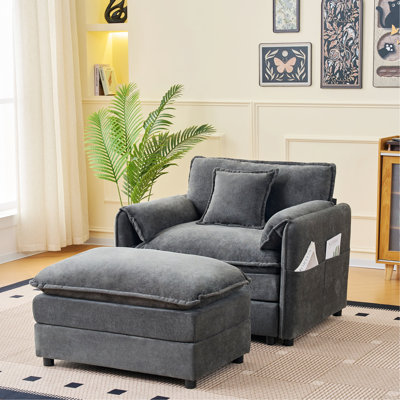 Single Chair With Movable Ottoman, Upholstered Indoor Chair For Living Room, Bedroom