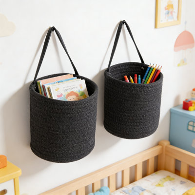 Ensemble de 2 paniers suspendus tissés avec poignées en cuir, organisateur de rangement en corde de coton naturel pour la maison, la cuisine, la salle de bain et la présentation des plantes