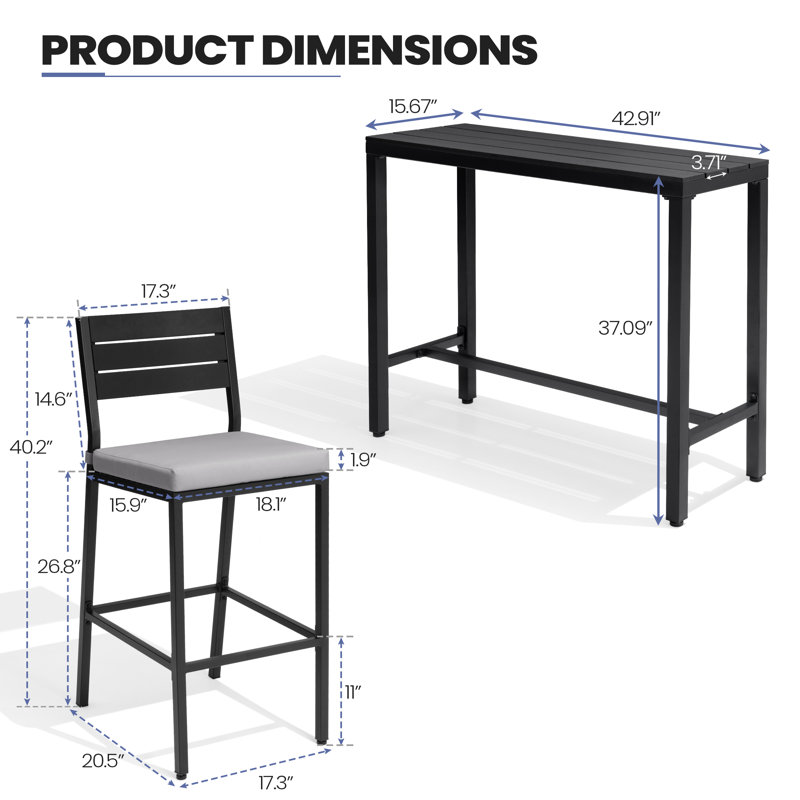 Ensemble de salle à manger pour 4 personnes en métal avec table de bar rectangulaire l 85,82 po, coussins inclus, Gris, Noir