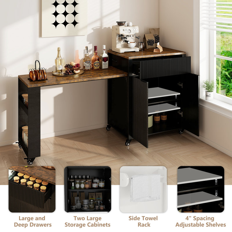 81.2" Rolling Kitchen Island with Extendable Dining Table, Power Outlet, Large Drawer & 2-Door Storage Cabinet, Black