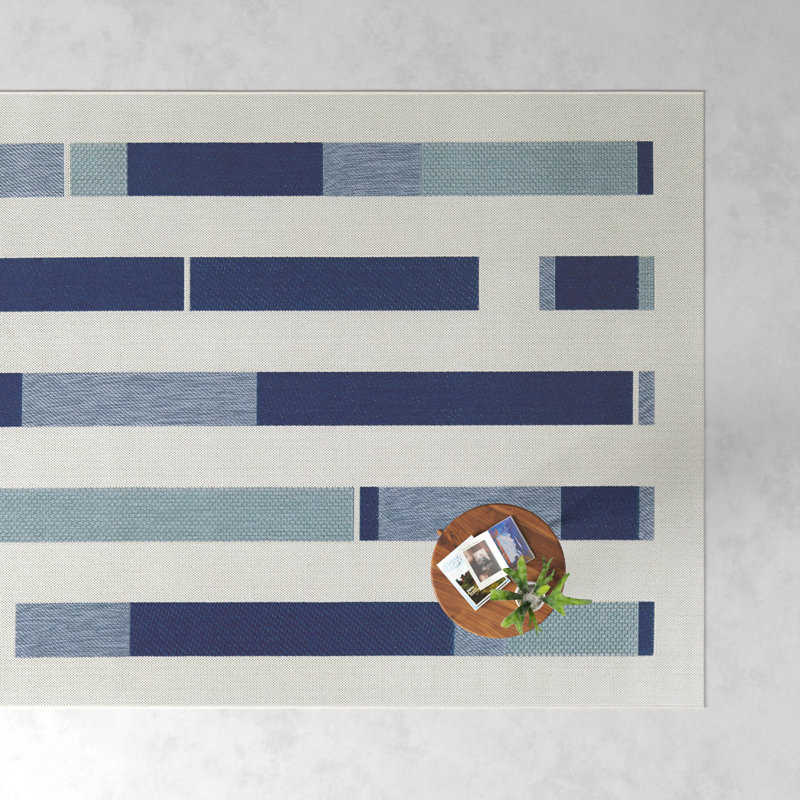 Kenno Modern Stripes Indoor/Outdoor Area Rug in Blue/Ivory/Light Green, Rectangle 5'3" x 7'