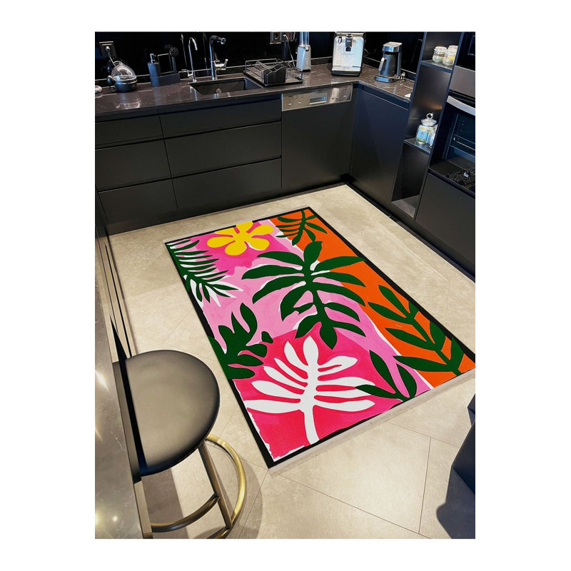 Machine Washable  Multicolor Palm Leaves Patterned Creative Modern Decorative Rug, Rectangle 3'3" x 4'11"