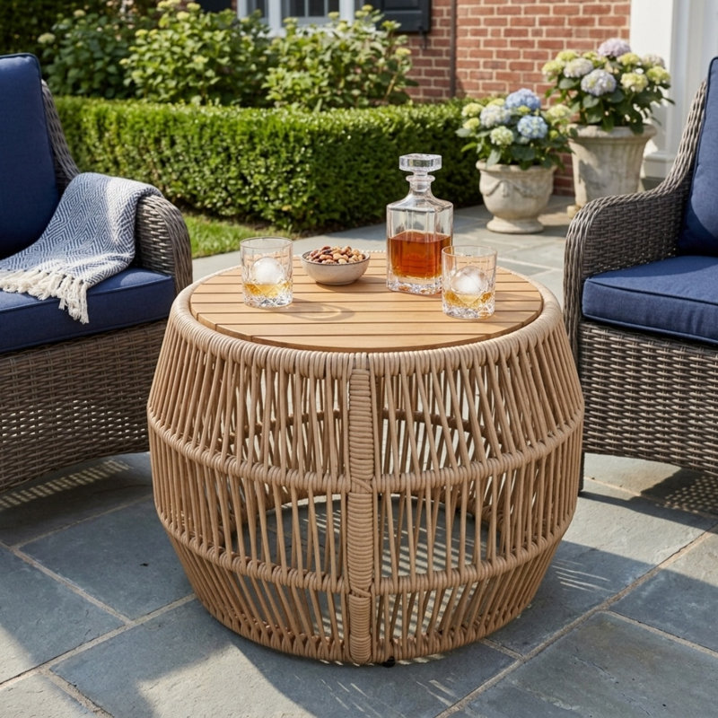 Table d'appoint ronde en bois d'acacia, plateau de finition en teck et structure en corde tressée beige clair, capacité de 68 kg, sans assemblage, résistante aux intempéries, idéale pour terrasse, jardin et salon.
