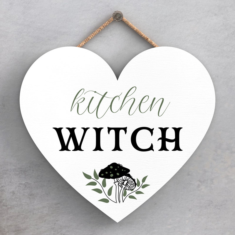 Kitchen Witch Mushrooms Wooden Heart Plaque, 16cm H x 17cm W x 0.9cm D, White