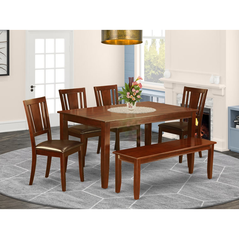 Sisneros Solid Wood Dining Set, Faux Leather, 6 Pieces: Table, Bench, 4 Chairs	