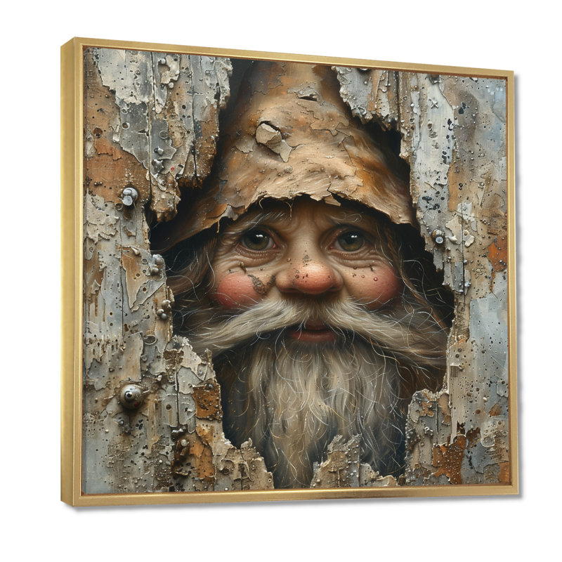 Beige gnome espion dans une enceinte en bois - art mural gnome, H 36 po x l 36 po, Cadre flottant doré, bois massif