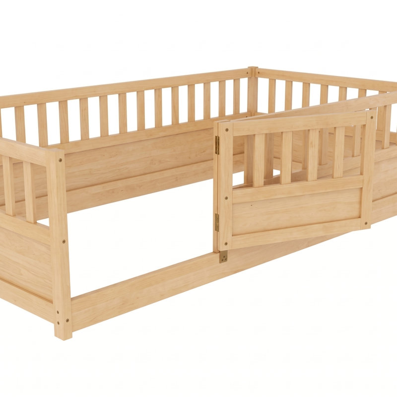 Lit sur pied en bois de taille Montessori avec barrière et porte haute sécurité, structure de lit pour enfant avec fabrication intégrée