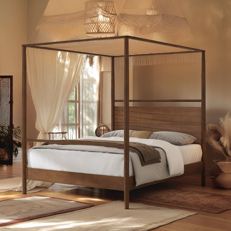 Mid-Century Modern Canopy Bed Frame - Solid Wood 4-Poster Design, Walnut Finish, No Box Spring Needed, King